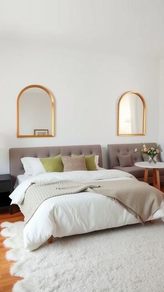 A stylish bedroom featuring a bed with decorative pillows, complemented by two mirrors above the headboard.
