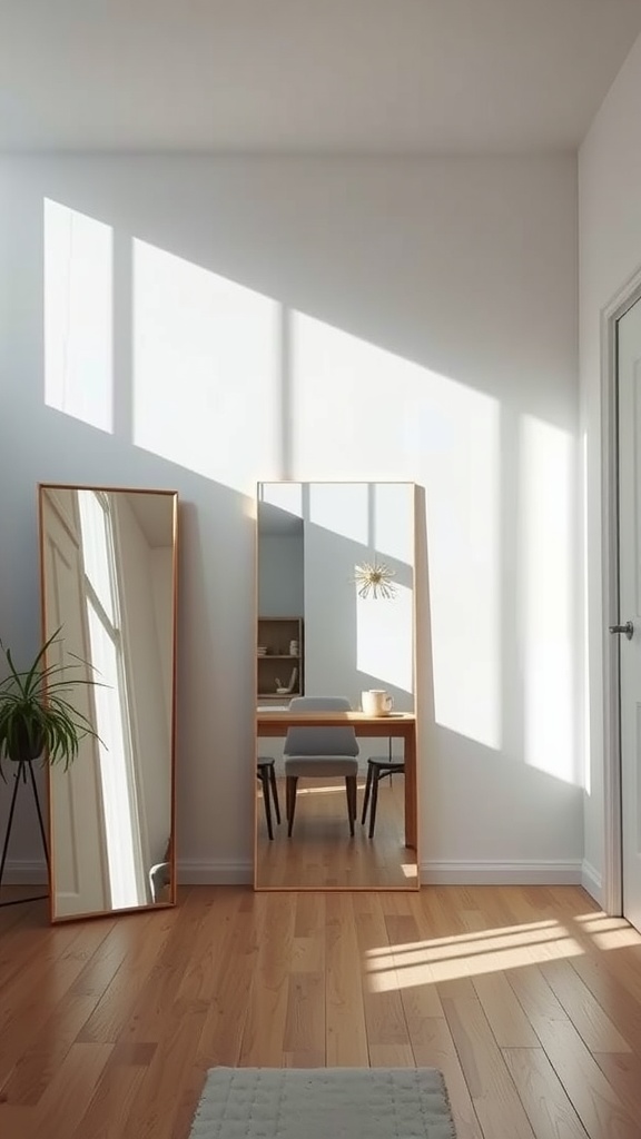A cozy studio apartment featuring tall mirrors that reflect light, wooden floor, and a small dining area