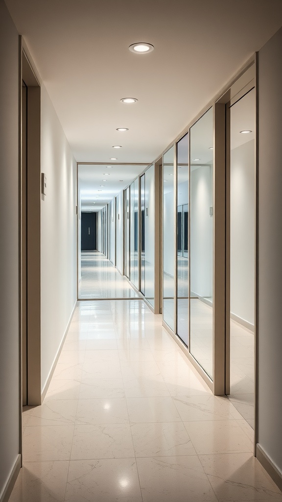 A hallway with multiple mirrors reflecting light and creating the illusion of space.