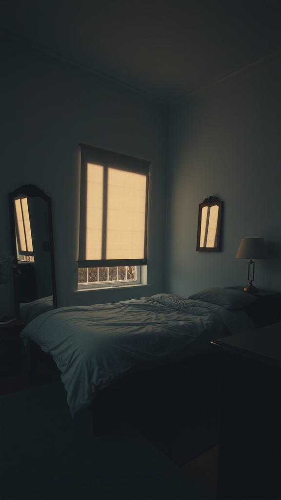 A moody bedroom with mirrors reflecting light, featuring a bed, window, and lamp.
