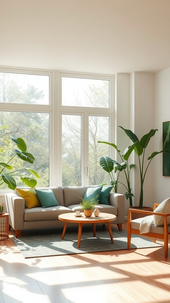Bright living room with large windows, plants, and light-colored furniture
