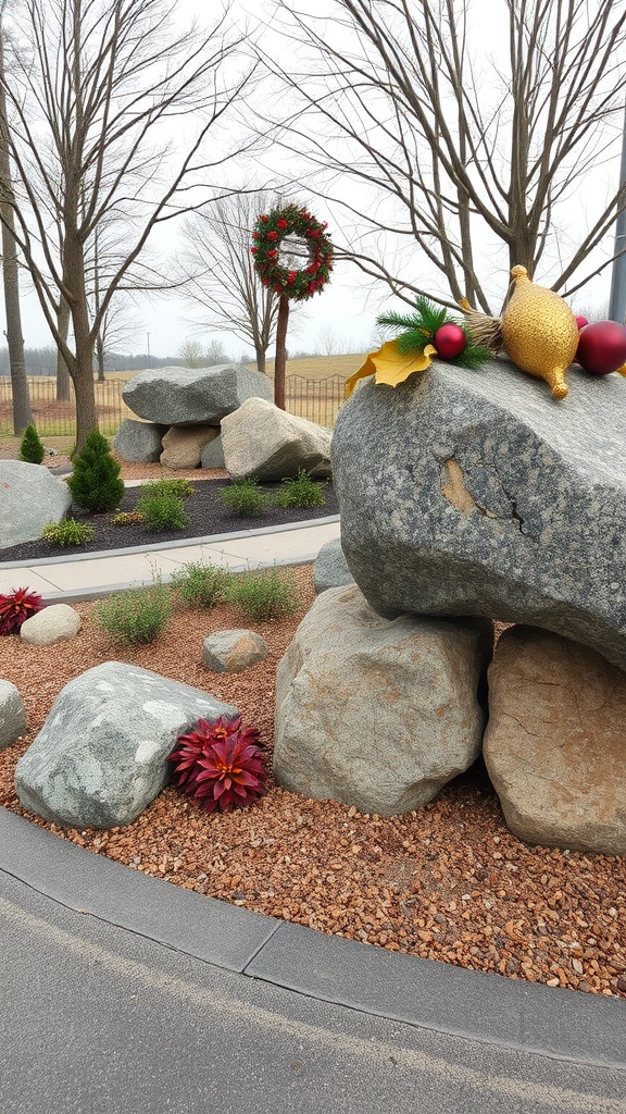 Large rocks decorated with seasonal ornaments and a wreath in a landscaped area.