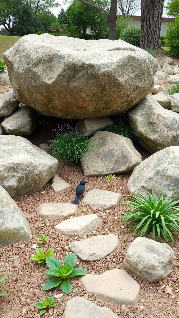 A large rock surrounded by smaller stones and plants, with a bird nearby.