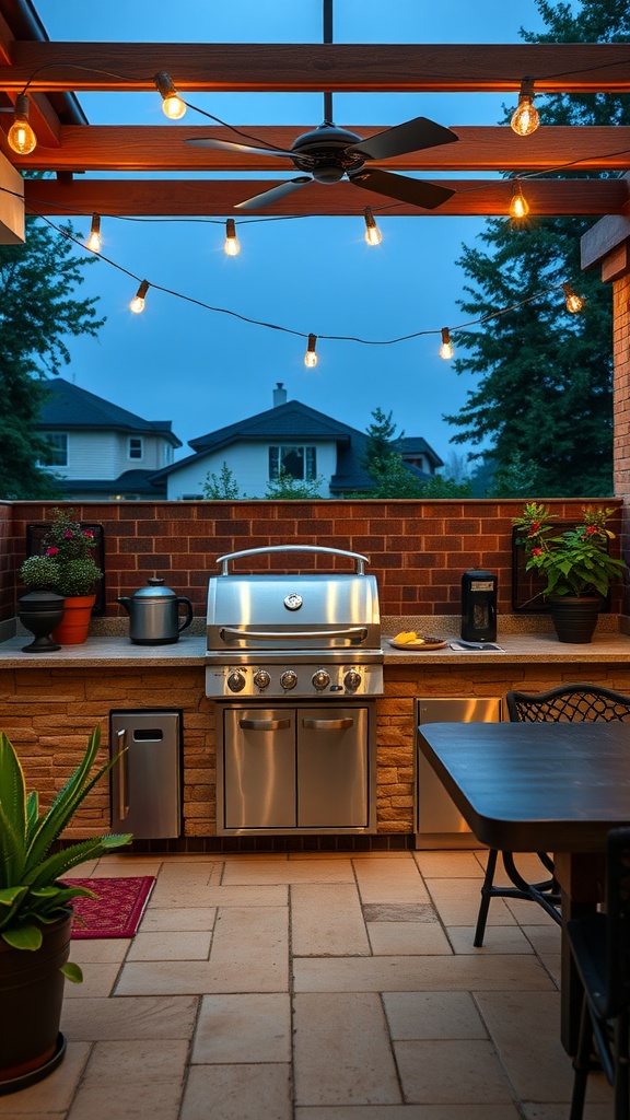 A stylish outdoor kitchen with a grill, patio furniture, and decorative lights.