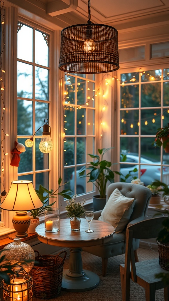 Cozy sunroom with soft lighting, featuring a pendant light, string lights, and candles.