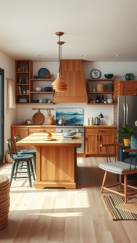 Cozy kitchen with wooden furniture and multi-functional pieces