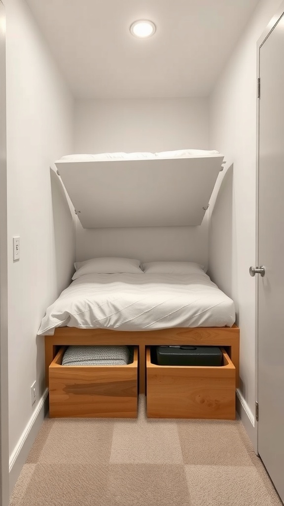 A narrow bedroom featuring a bed with a lifted mattress and under-bed storage drawers.