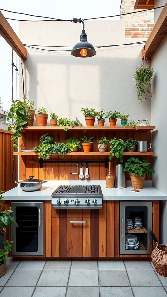 Outdoor kitchen with wooden shelves filled with plants and a stove