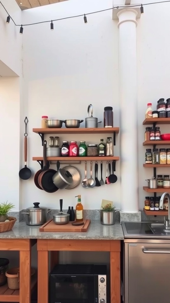 A stylish outdoor kitchen featuring wooden shelves with pots, pans, and spices, maximizing vertical space for organization.