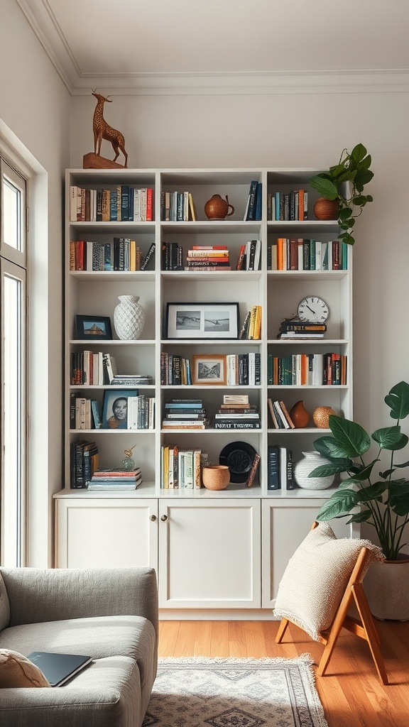 A cozy small living room featuring a tall bookshelf filled with books, decorative items, and plants, showing how to utilize vertical space effectively.