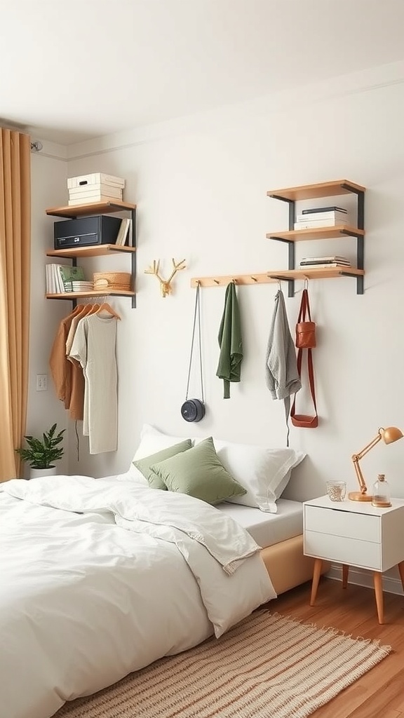 A minimal bedroom featuring vertical shelves and a wall-mounted coat rack for organization.