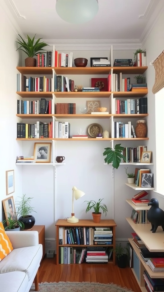 A cozy studio apartment with vertical shelves filled with books and plants.