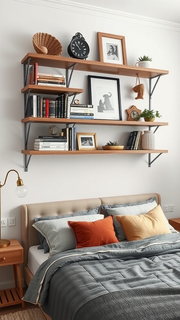 A cozy bedroom featuring a neatly arranged shelving unit above the bed, with books, decor, and plants.