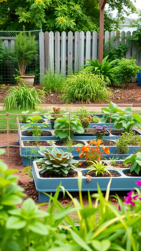 A vibrant vegetable and herb garden with raised beds filled with various plants.