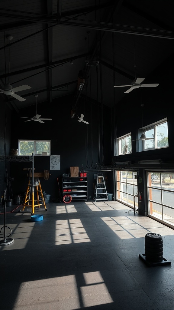A black garage gym with large windows, ceiling fans, and workout equipment.