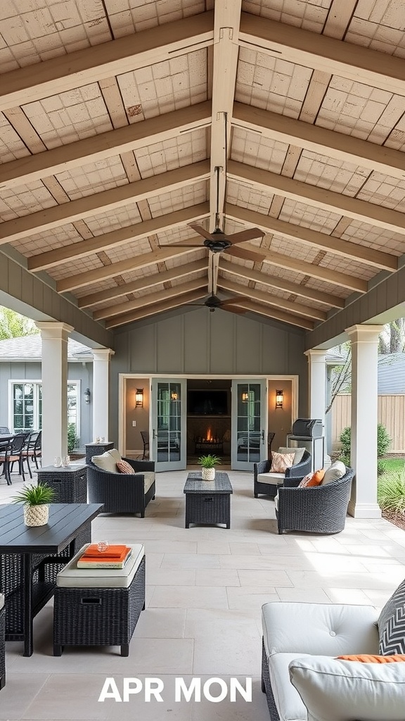 A spacious covered patio with comfortable seating and a central table, featuring a high ceiling and ceiling fans.
