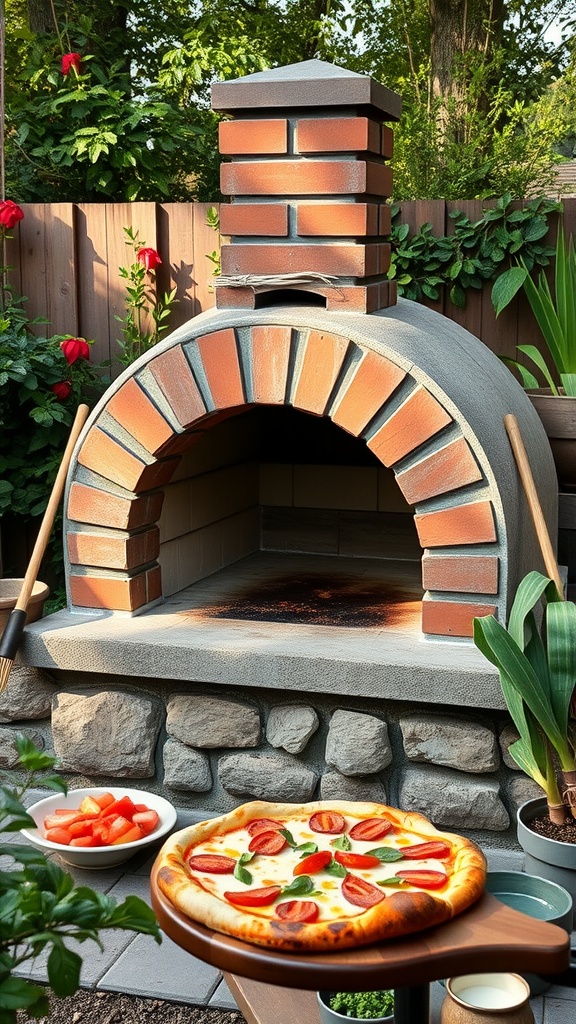 A brick outdoor pizza oven with a freshly made pizza topped with tomatoes and basil in front, surrounded by greenery.