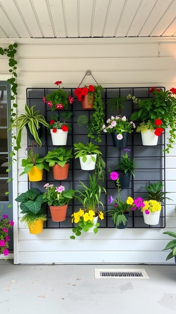 A vertical garden display on a porch with various plants in colorful pots arranged on a black grid.