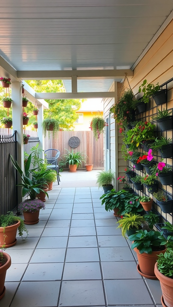 Outdoor patio with a vertical garden featuring various potted plants and hanging flower pots.
