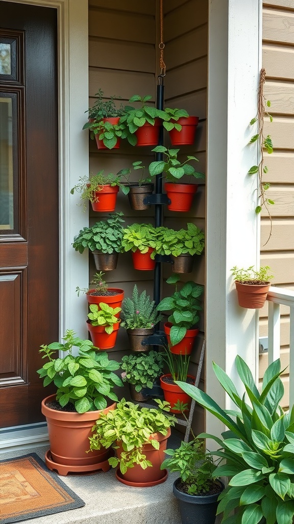 A vertical garden featuring pots of fresh herbs on a small porch.