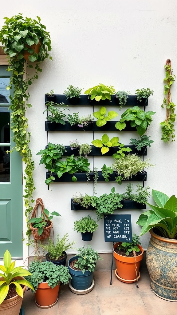 Vertical garden featuring shelves with various plants and hanging pots, creating a green wall effect.