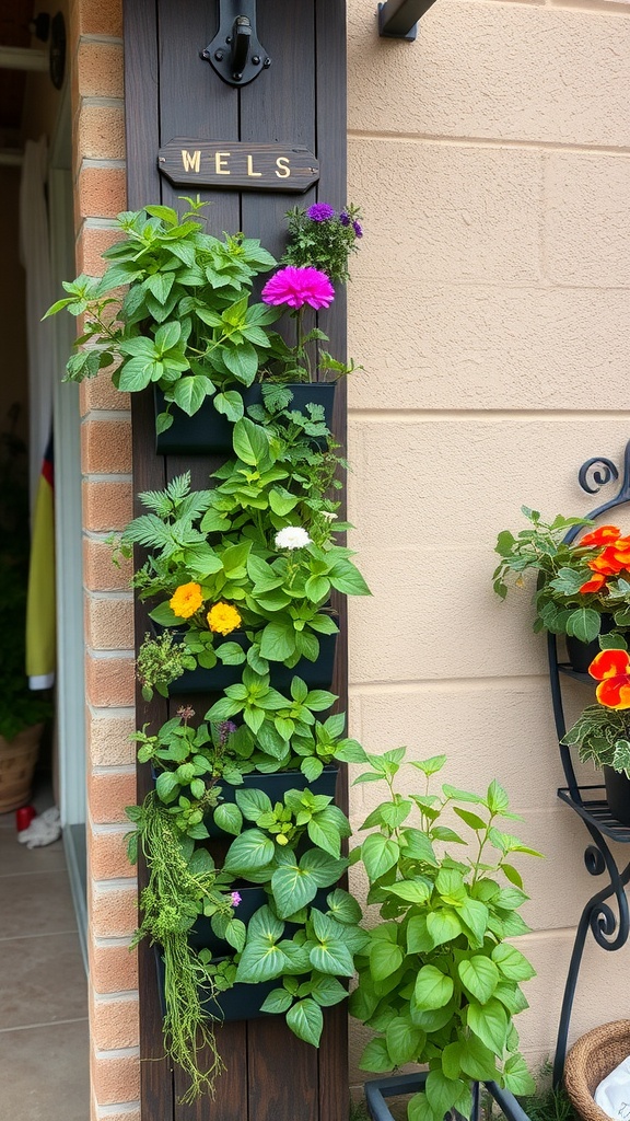 Vertical garden planters featuring various plants including flowers and herbs on a wall.