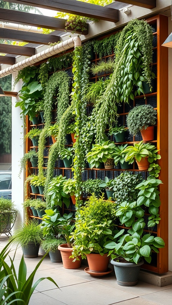 Vertical garden wall with various plants in pots