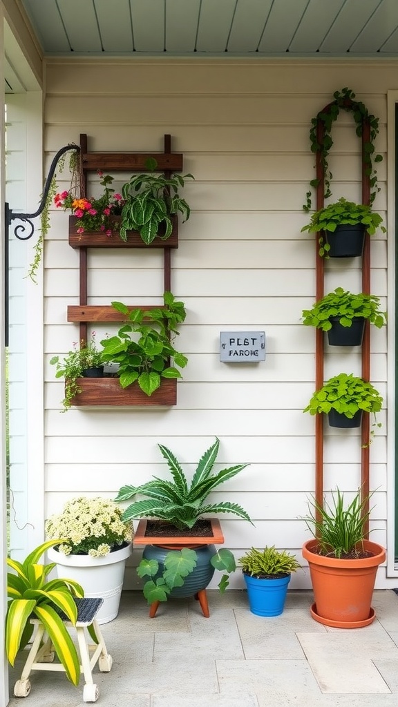 A small front porch with vertical gardening featuring wooden racks with hanging plants and various potted plants on the ground.