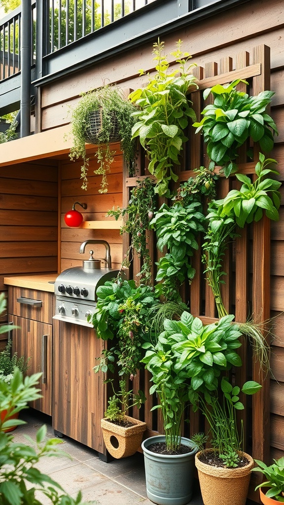 A small outdoor kitchen with a vertical garden featuring fresh herbs and plants next to a grill.