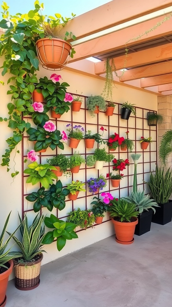 A vibrant vertical garden on a patio wall filled with colorful flowers and green plants in pots.