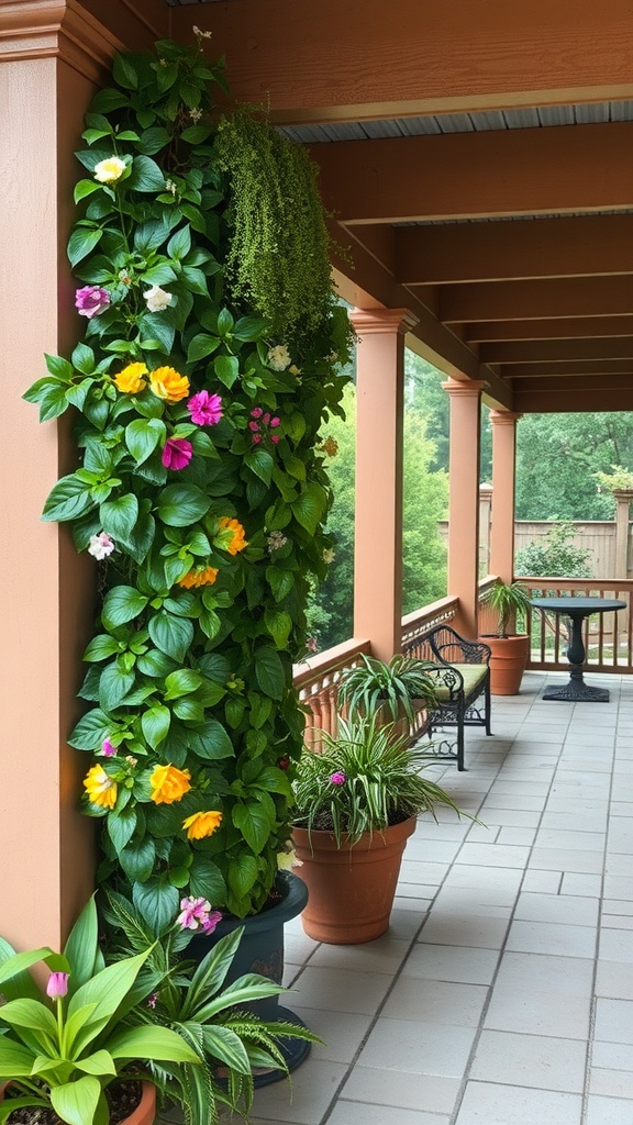 A covered patio featuring a vertical garden with colorful flowers and lush greenery.