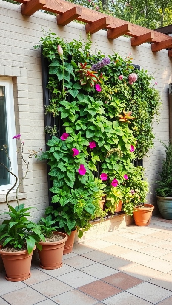A vertical garden on a wall filled with various plants and flowers in bright colors.