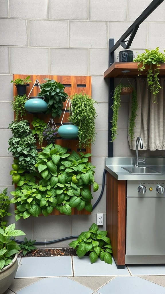 A vertical herb garden with various plants in hanging pots next to a small outdoor kitchen sink.