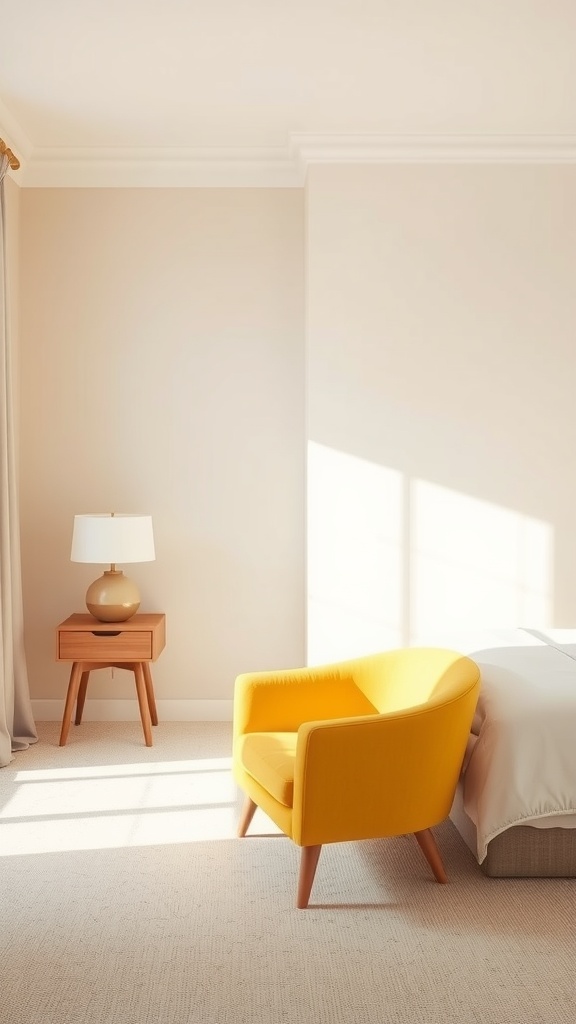 A bright yellow accent chair in a beige bedroom with a bedside table and lamp