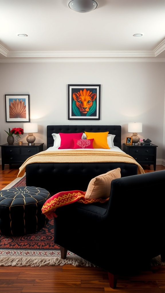 A stylish bedroom featuring black furniture with vibrant color accents, including bright pillows and a colorful lion painting.