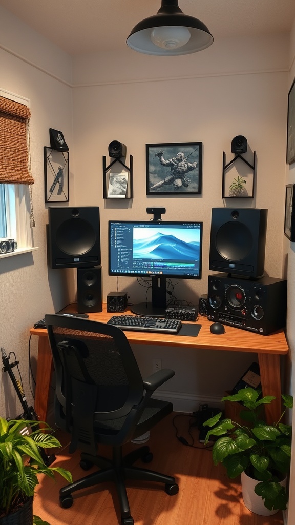 A video editing station with multiple monitors, speakers, and an ergonomic chair in a cozy hobby room.