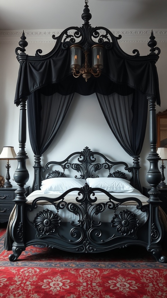 A vintage-inspired black canopy bed with intricate details, drapery, and a red rug.