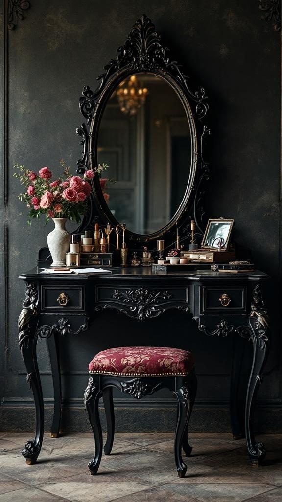 A vintage-inspired black vanity with an ornate mirror, decorated with flowers and beauty products.