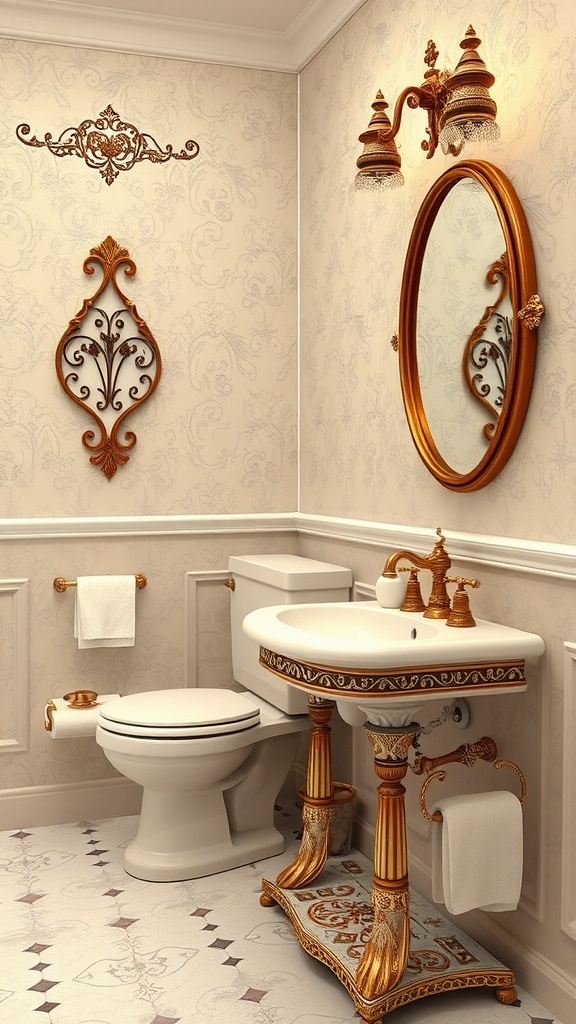 A vintage-inspired bathroom featuring ornate gold fixtures, a decorative mirror, and an elegant design.