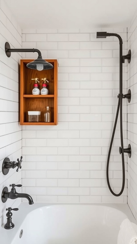 A modern farmhouse bathroom with vintage-inspired fixtures, including a black showerhead and faucet, complemented by white subway tiles and a wooden shelf.
