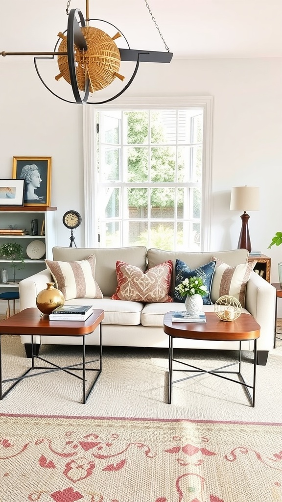 A cozy sunroom featuring vintage-inspired side tables beside a cream sofa with colorful pillows.