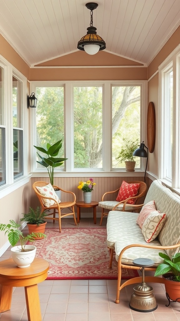 A cozy vintage-inspired sunroom with large windows, comfortable seating, and plants.