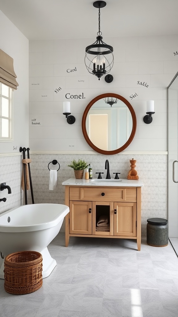Modern bathroom with vintage accents, featuring a wooden vanity, round mirror, and stylish lighting.