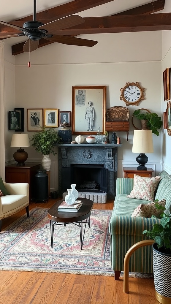 A vintage-inspired living room featuring framed portraits, a cozy sofa, and eclectic decor.