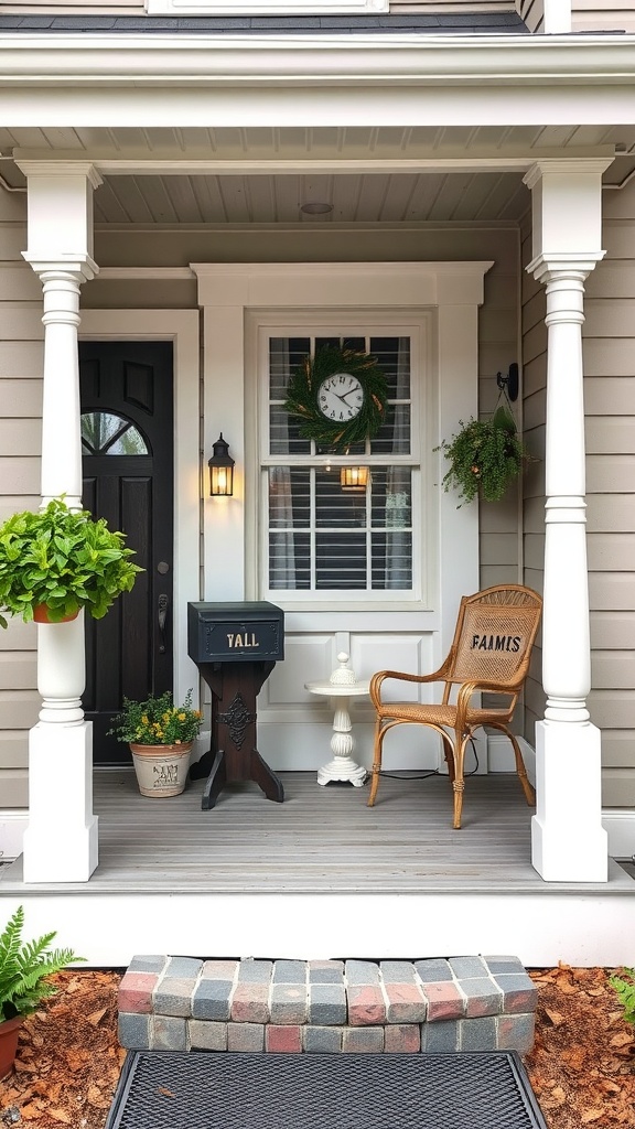 A small porch with vintage accents, featuring a black door, wicker chair, potted plants, and a mailbox.