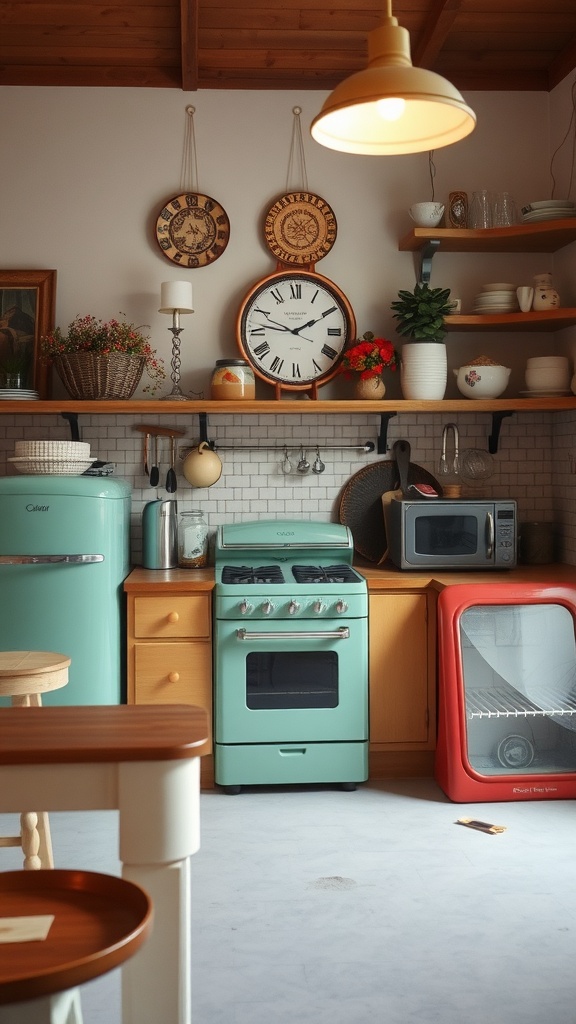 A cozy kitchen featuring a mint green vintage stove, wooden shelves with plants and decorative items, and warm lighting.