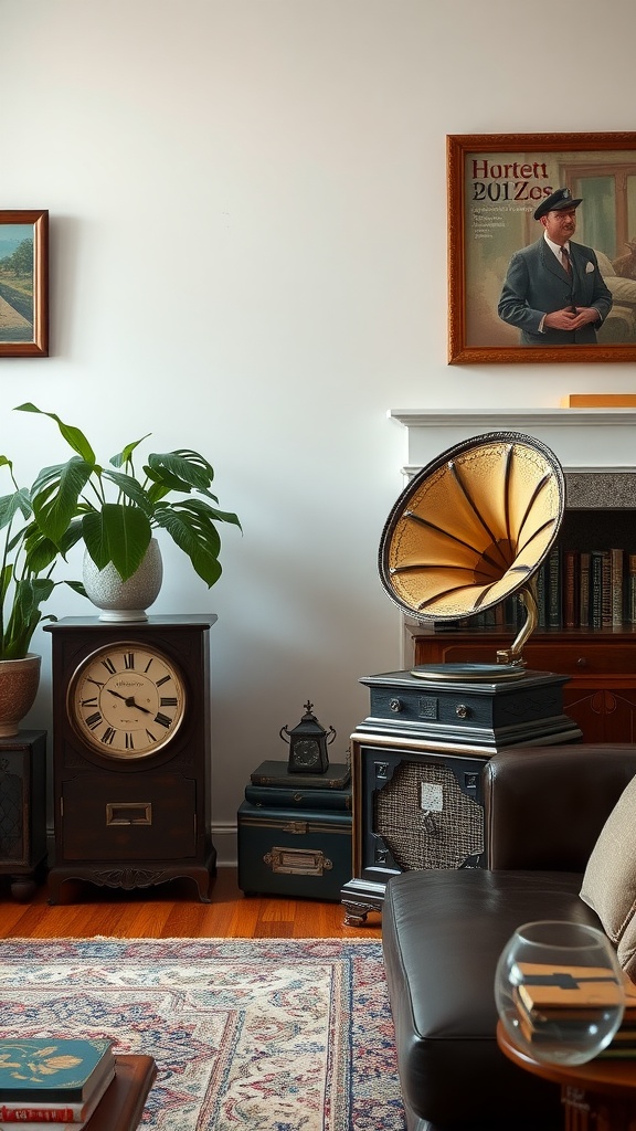 A cozy living room corner featuring a vintage gramophone, an old clock, and decorative accents.