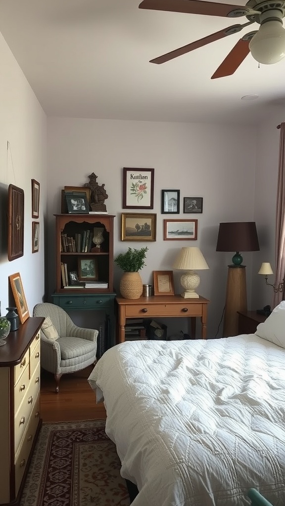 A cozy vintage-inspired bedroom with a white quilted bed, framed artwork on the walls, and a charming armchair.