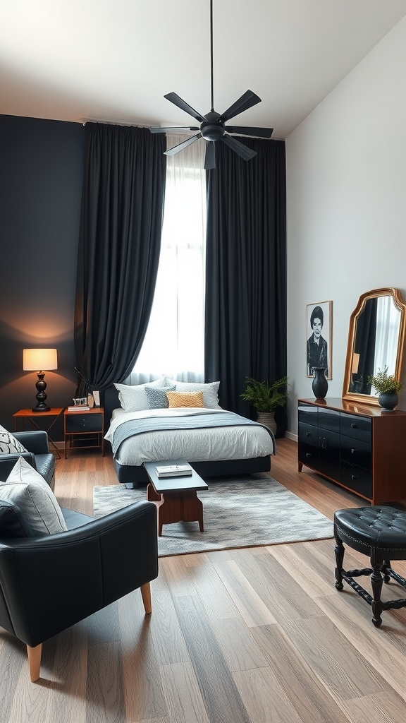A modern bedroom featuring vintage accents with brown and black tones, showcasing a cozy atmosphere.