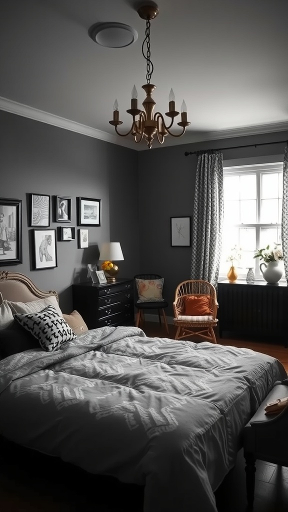 A stylish gray and black bedroom featuring vintage accents and modern decor.